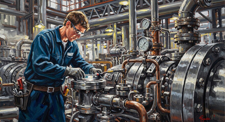 Fototapeta premium Man Inspecting Industrial Machinery with Precision and Expertise.