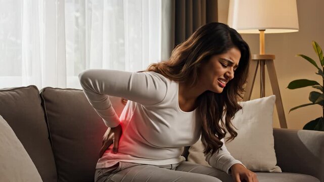 Woman on couch holding her back in pain