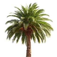 Fototapeta premium A close-up shot of a tropical palm tree with lush, green fronds and a textured brown trunk, isolated on a white backdrop