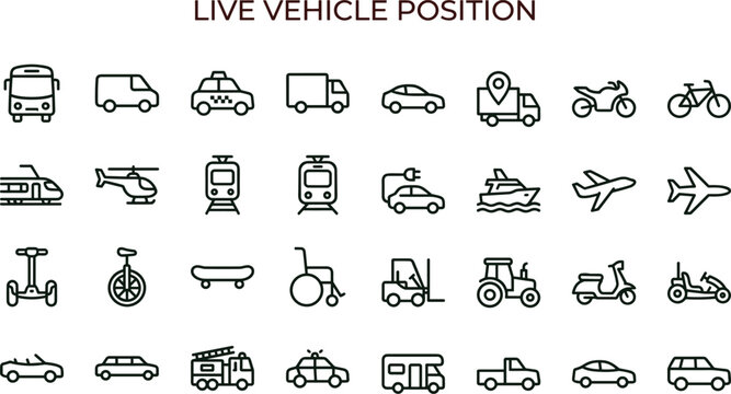 Live vehicle position outline icon set featuring transport fleet mobility cars trains aircraft scooters bicycles tracking vector symbols collection