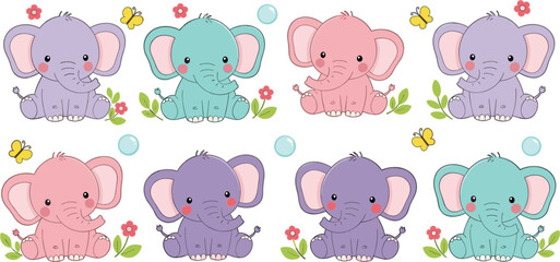 Fototapeta premium Cute elephant cartoon set with colorful baby elephants in different poses pastel vector illustration collection for kids nursery design