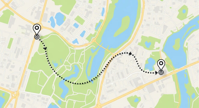 Map Route Visualization - Connecting Two Points Across a Landscape.