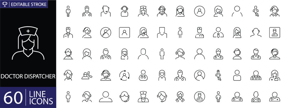 Doctor and Dispatcher Line Icons Set, Medical Staff, Telemedicine, Healthcare, Clinic, Ambulance Coordination, Editable Stroke Vector Collection 
