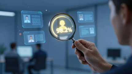 Obraz premium Person examines data analysis results on a digital screen in an office setting during daytime hours