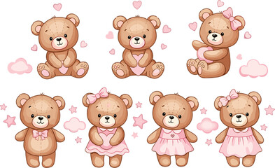 Obraz premium Cute teddy bear cartoon set with different poses and outfits pastel vector illustration collection for baby nursery and kids design