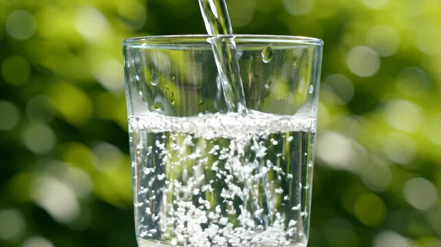Water pouring into glass with green background