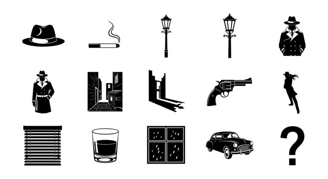 Classic noir elements: detective, crime, and mystery icons