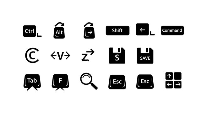 Essential keyboard shortcuts: minimalist icon set for efficient computing