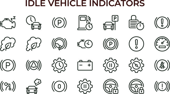 Idle vehicle indicators outline icon set featuring parking alerts waiting status monitoring diagnostics dashboard automotive fleet management vector symbols