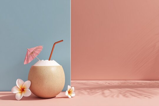 Coconut drink with straw and umbrella on pastel background.