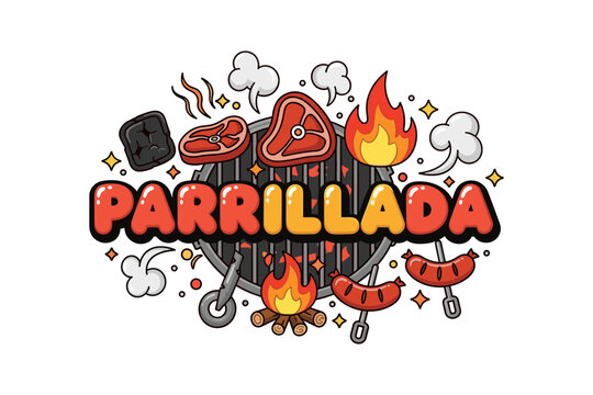 Colorful grill barbecue design with steaks and sausages on fire