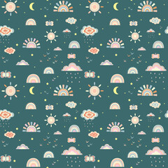 Seamless pattern with cute boho rainbows, suns, moons, clouds and butterflies on dark green background for nursery wallpaper. © พิริยะ วชิรพูนศิริ