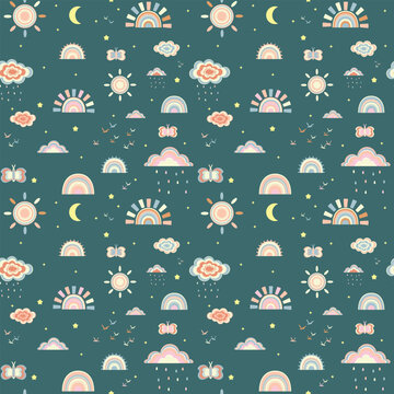 Seamless pattern with cute boho rainbows, suns, moons, clouds and butterflies on dark green background for nursery wallpaper.