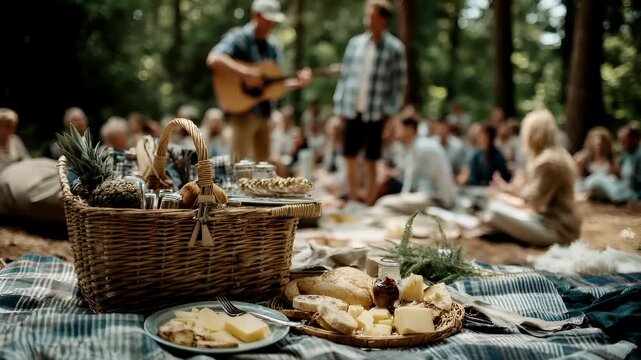 Spring Summer outdoor leisure relaxation activity. A candid outdoor scene depicts a picnic in a forest. The main subject is a picnic basket filled with various food items, including cheese, bread.