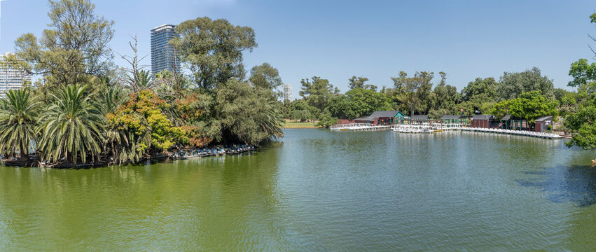 large paddle boat rental on lake shore at "Tres de Febrero" park, Buenos Aires, Argentina