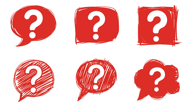 Red speech bubbles with question marks on white background