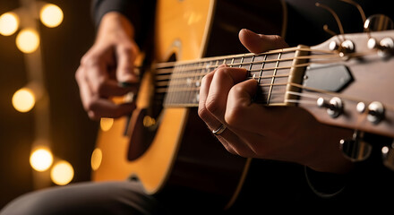 Obraz premium Close up of hands playing an acoustic guitar with blurred lights on transparent background