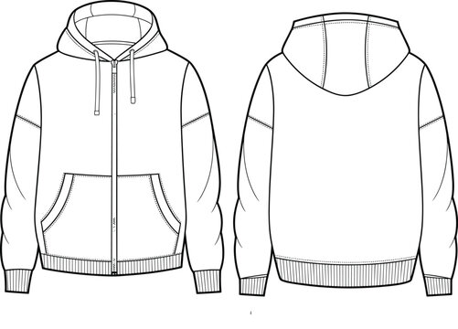 Women zip up hoodie technical fashion sketch front and back view vector outline clothing design template