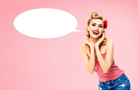 Expressive surprised happy pin up woman. Astonished pinup girl with wide open mouth, eyes, raises hands. Retro vintage concept. Isolated pink background. White mockup empty speech bubble, speechbubble