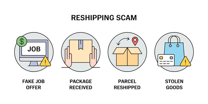 Reshipping scam infographic with fake job offer package received parcel reshipped stolen goods