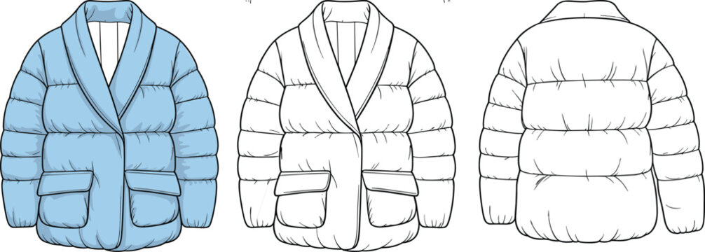Women puffer jacket template, winter padded coat fashion technical drawing front and back &ndash; cad drawing flat vector illustration