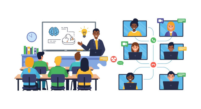 Blended Learning and Hybrid Classroom: Teacher instructs physical students while connecting to remote participants via video conferencing.