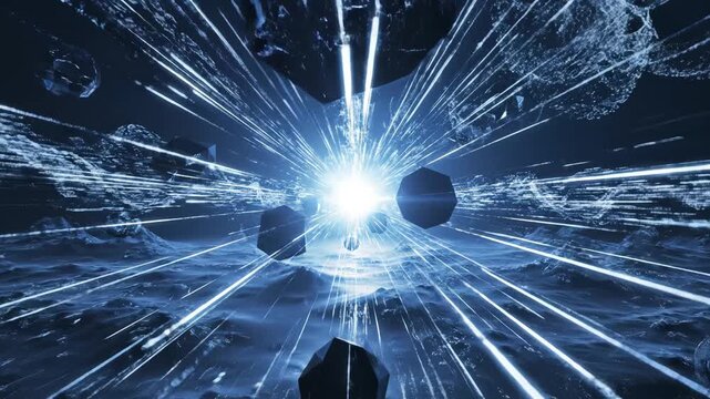 Abstract space with glowing spheres and light beams