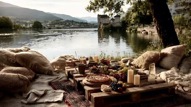 Spring Summer outdoor leisure relaxation activity. A serene outdoor scene depicts a rustic picnic by a lake. A wooden table is set with a variety of food items a pie, grapes, bread.