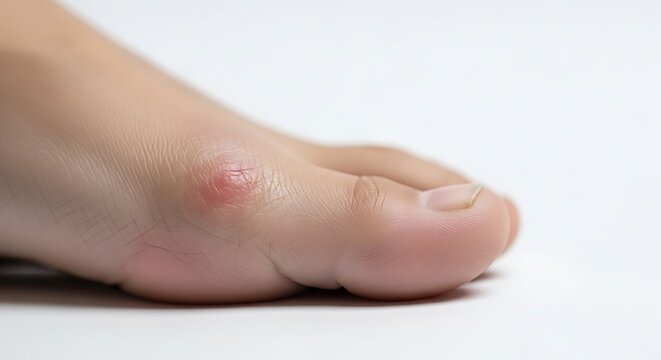A close-up shot of a human foot showing a small, red, raised bump on the skin near the toes, possibly a blister or insect bite.