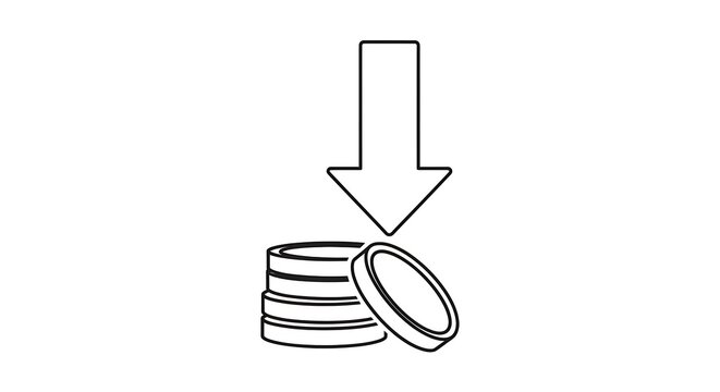 Line art icon depicting a downward arrow pointing towards a stack of coins, symbolizing financial decrease or cost reduction.