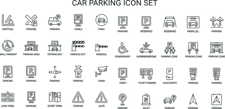 Car parking outline icon set featuring reserved zones guidance barriers accessibility valet navigation symbols for transport interface vector collection