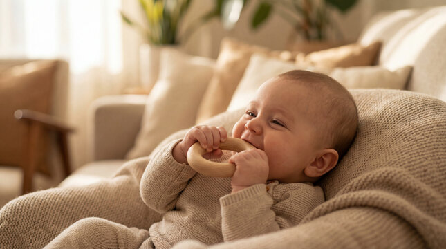 Baby bites wooden teether on sofa. Smiling baby in knit outfit relaxes on cozy couch, chewing natural wood teether for soothing gums, calm parenting, infant comfort, warm home lifestyle