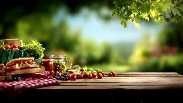 Spring Summer outdoor leisure relaxation activity. A vivid outdoor scene depicts a picnic setting. A wooden table is covered with a red and white checkered cloth.