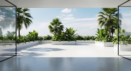 Fototapeta premium Modern rooftop terrace with lush green plants and palm trees overlooking a bright sunny sky with clouds, an oasis of tranquility and nature in an urban setting.