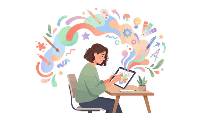 Young woman artist creating digital art on tablet.
