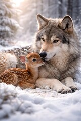 Fototapeta premium Beautiful gray wolf and a small baby deer fawn cuddling in a snowy winter forest, unlikely animal friends in wilderness