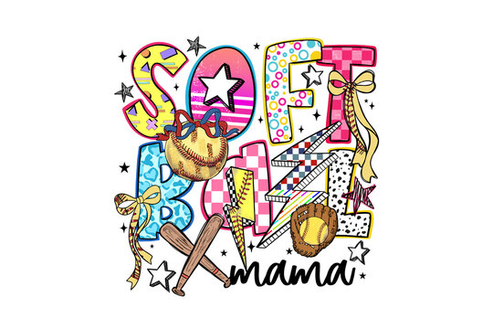 Retro Softball Mama Collage with Bat and Bow Sublimation Design