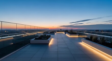Obraz premium Modern rooftop terrace at dusk with city skyline view and ambient lighting, perfect for luxury living and urban design concepts