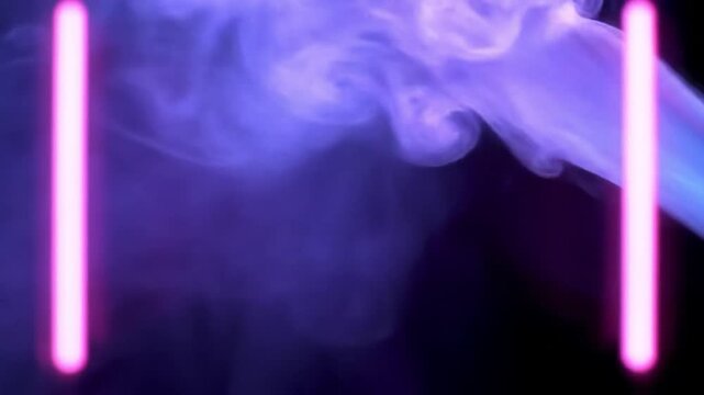 A mesmerizing video of purple smoke with two bright pink lights in the dark background