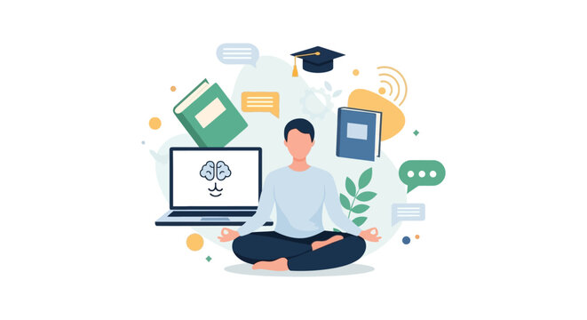 Online Education and Focus Concept. Student Meditating for Cognitive Development, E-learning, Knowledge Acquisition, and Digital Study.
