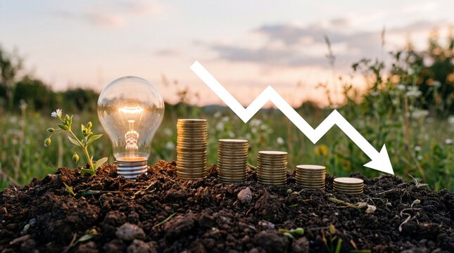 Light bulb with coin stacks in soil shows eco friendly investment and financial growth with downward trend