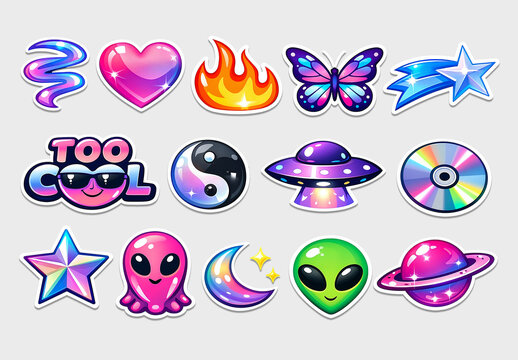 Glossy 3D Y2K Aesthetic Sticker Layout