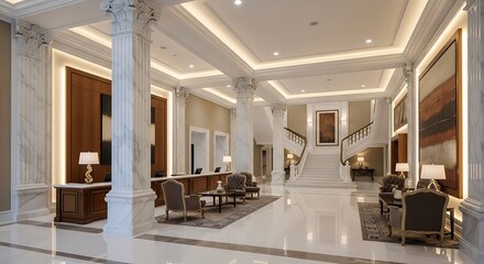 Fototapeta premium Elegant hotel lobby interior with grand staircase marble columns and luxurious seating areas perfect for travel and hospitality concepts