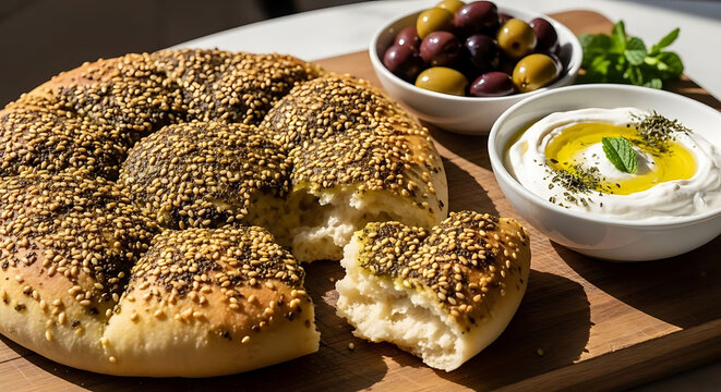 Freshly baked za'atar bread served with creamy labneh drizzled with olive oil and a bowl of assorted olives.
