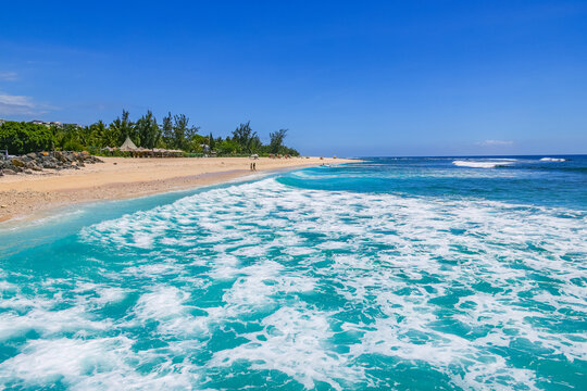Scenic tropical landscape of Saint Gilles Les Bains beach, Reunion Island, Africa