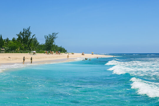 Scenic tropical landscape of Saint Gilles Les Bains beach, Reunion Island, Africa	