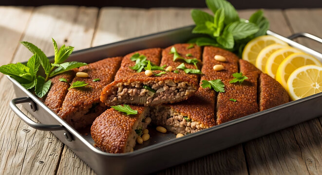 Baked kibbeh in a metal tray, garnished with fresh mint and pine nuts, served alongside bright lemon slices.