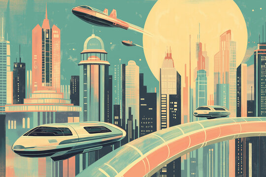 An illustration in the style of a 1950s travel poster, showing a retro-futuristic cityscape. Sleek, polished chrome aerobars navigate elevated transparent tubes that curve between pastel-colored, art 