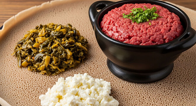 Ethiopian Kitfo, a traditional raw minced beef dish, is served alongside gomen and ayib cheese on soft injera bread.
