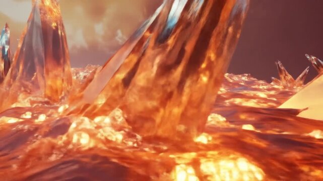 Abstract red and orange forms in a fiery landscape with sharp angles